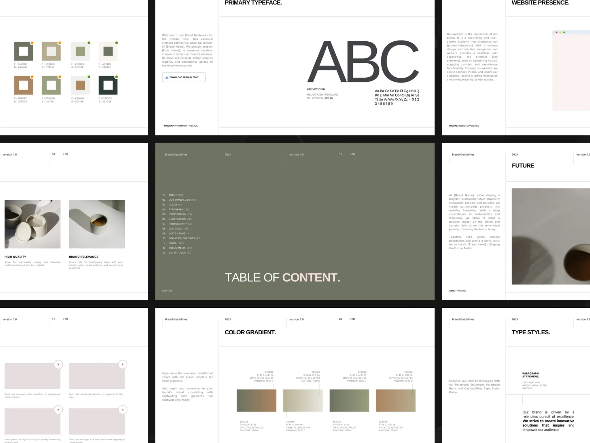 Stylish brand book slides designed for Canva, ensuring cohesive visual and voice representation across all creative agency materials with 1920x1080 dimensions.