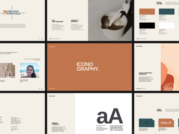 Professional identity deck layout in vibrant colors, ideal for startups and creative agencies needing cohesive brand guidelines.