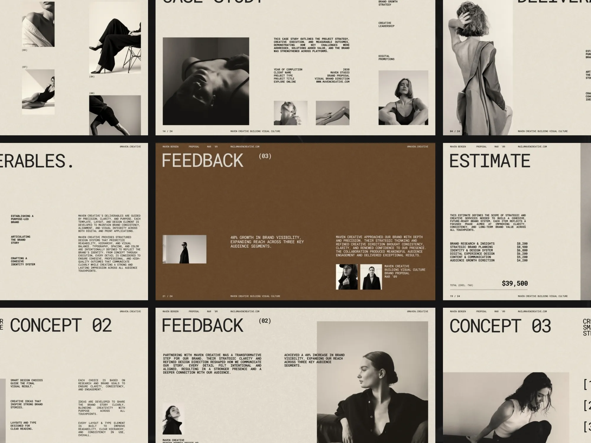 26 structured templates for presenting brand proposals, featuring professional layouts ideal for startups and freelancers on Canva.