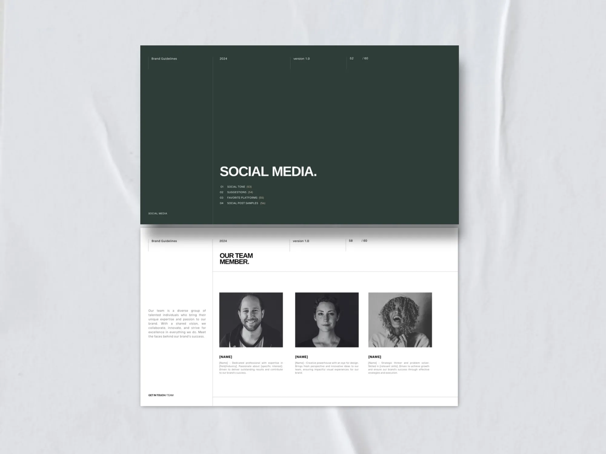 Clean and modern identity deck layout designed in Canva, featuring 61 templates to streamline brand guidelines.