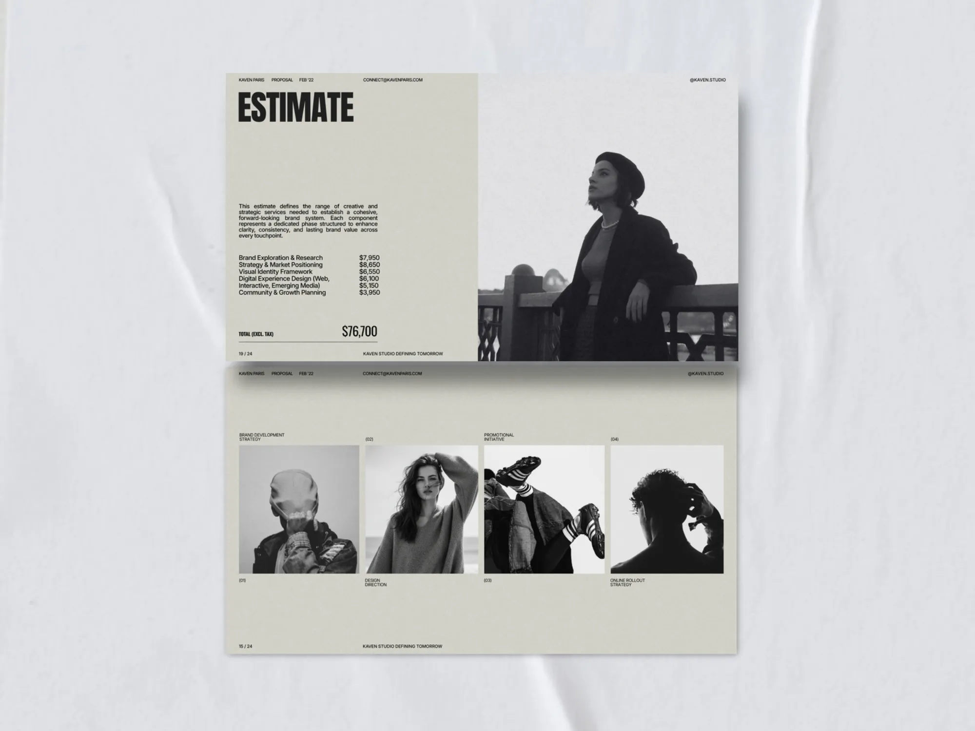 Professional brand proposal deck showcasing clean layouts, ideal for freelancers and businesses presenting strategies.