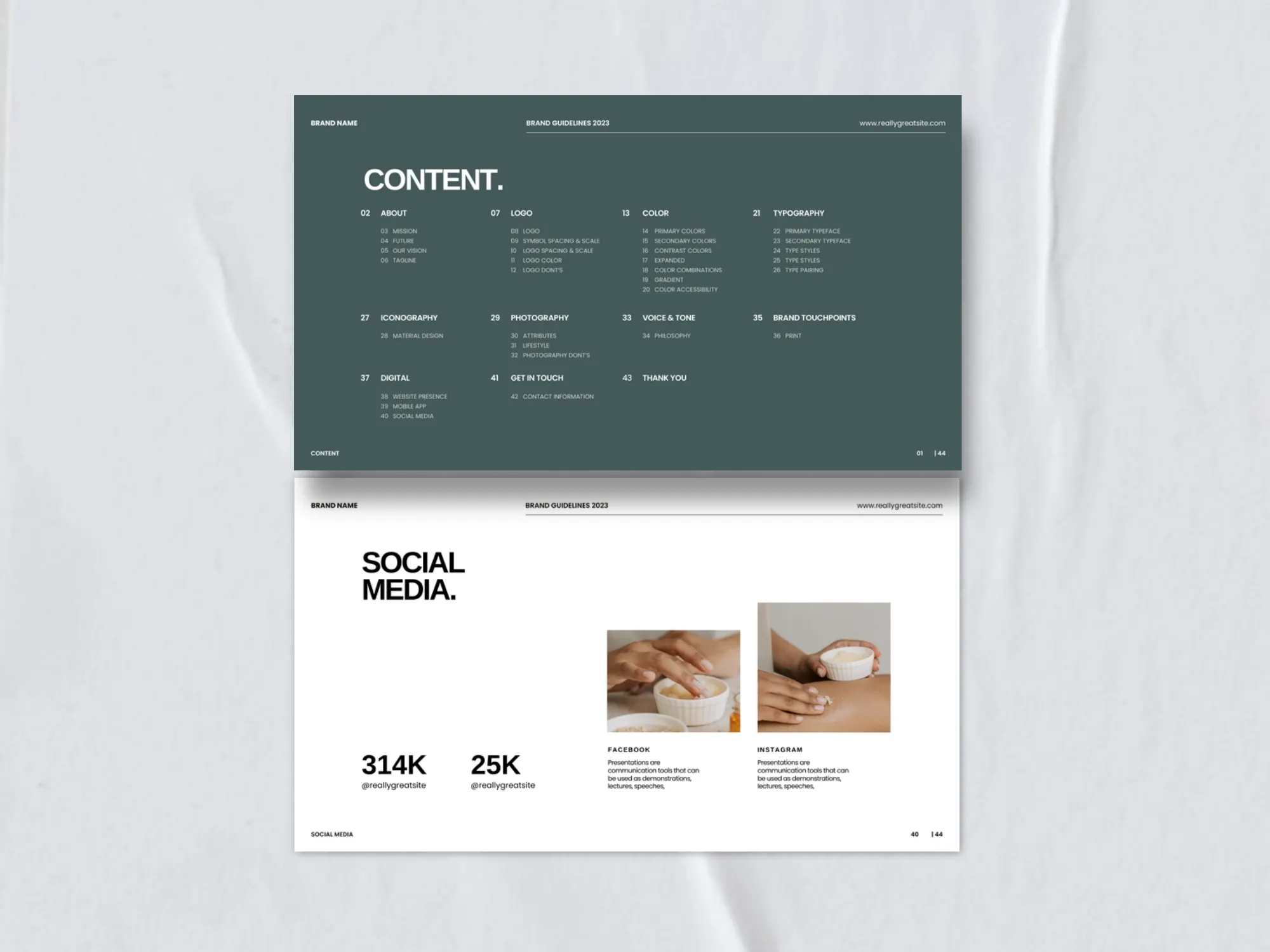 Elegant brand book slides showcasing cohesive color palettes and typography, perfect for creative agencies focusing on consistency.