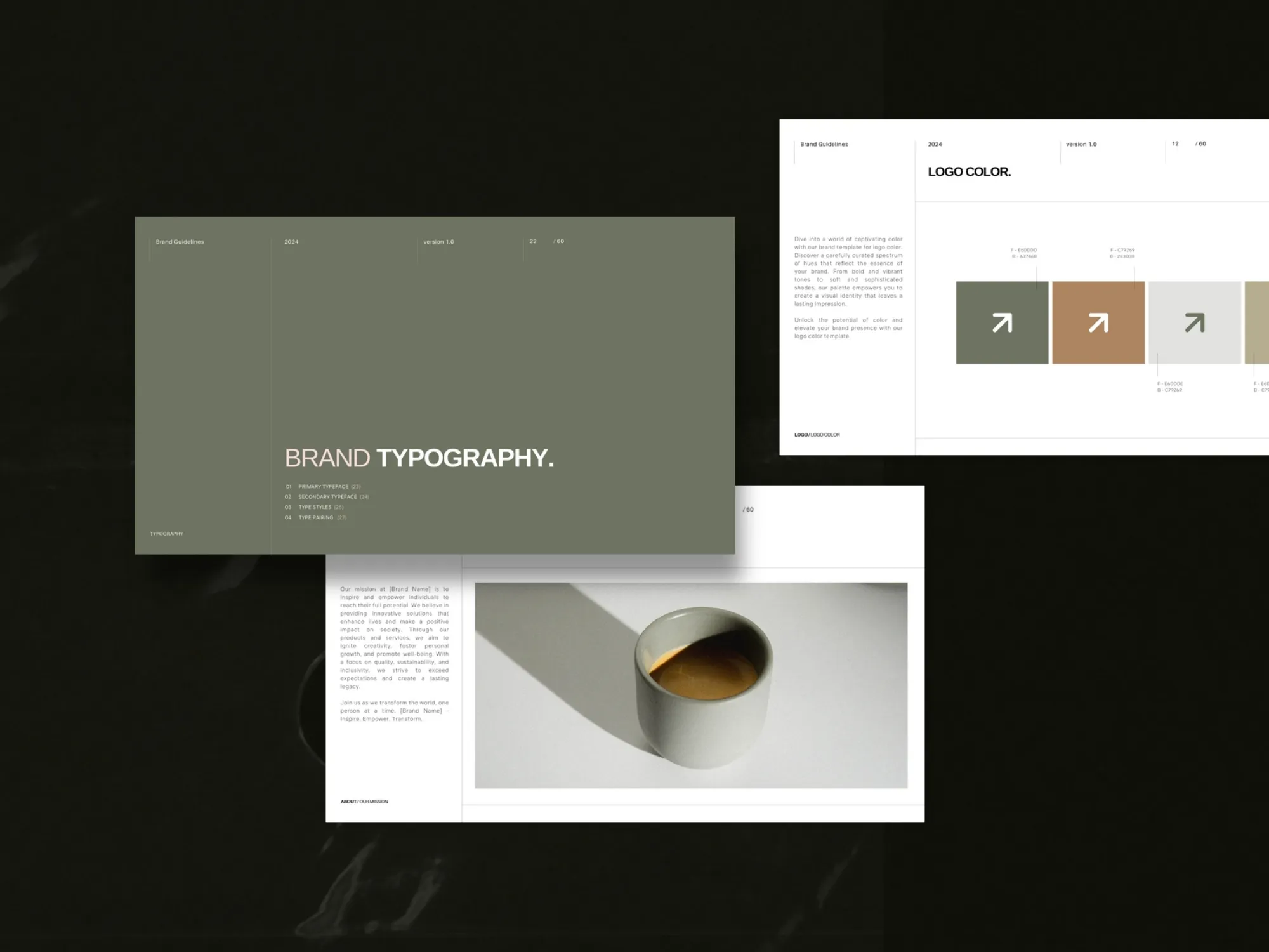 Elegant identity deck layout in a Canva presentation template, providing businesses with 61 digital designs to effectively convey their brand voice.