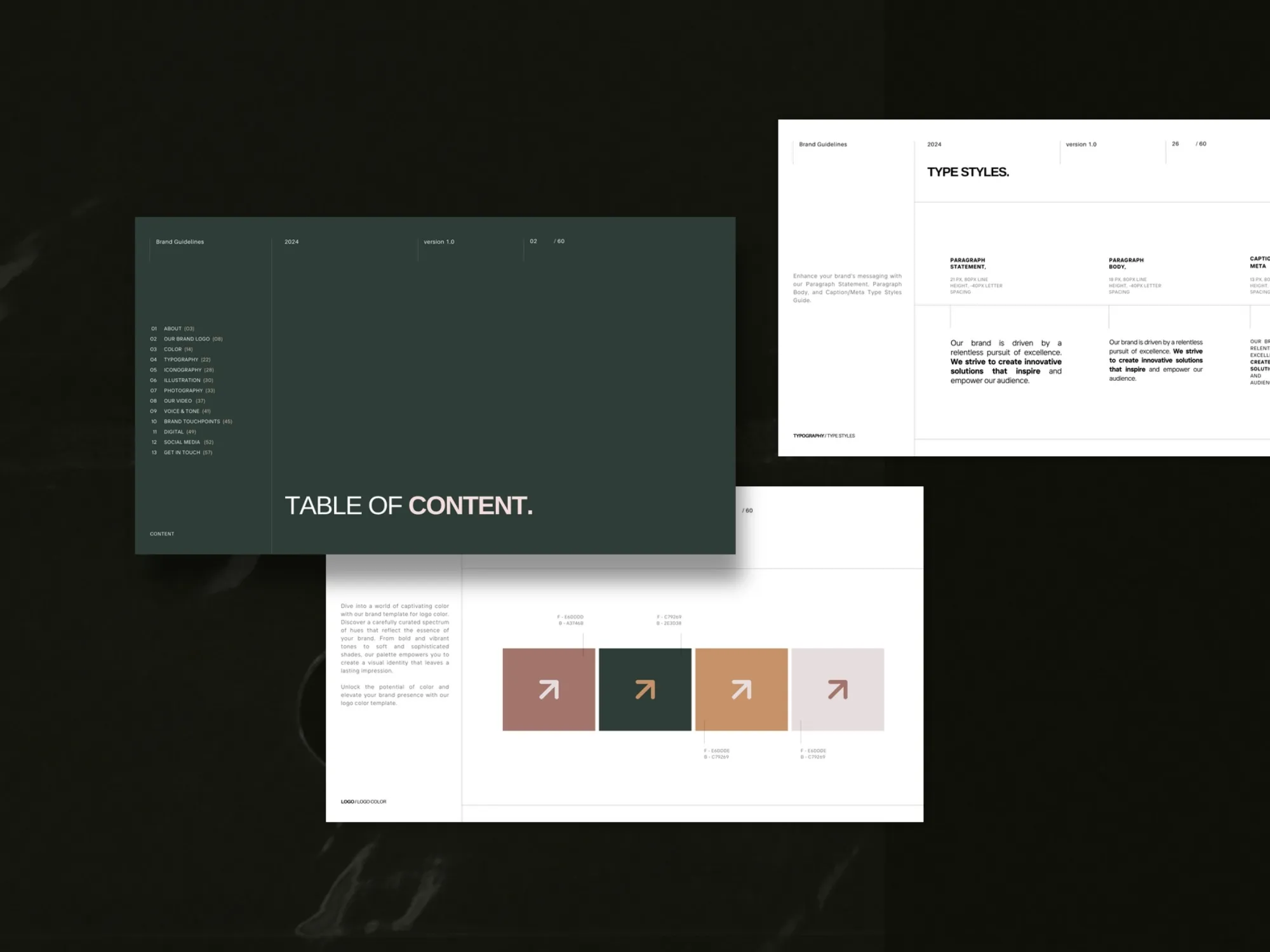 Elegant Canva brand book slides focused on providing a comprehensive visual identity framework for creative agencies.