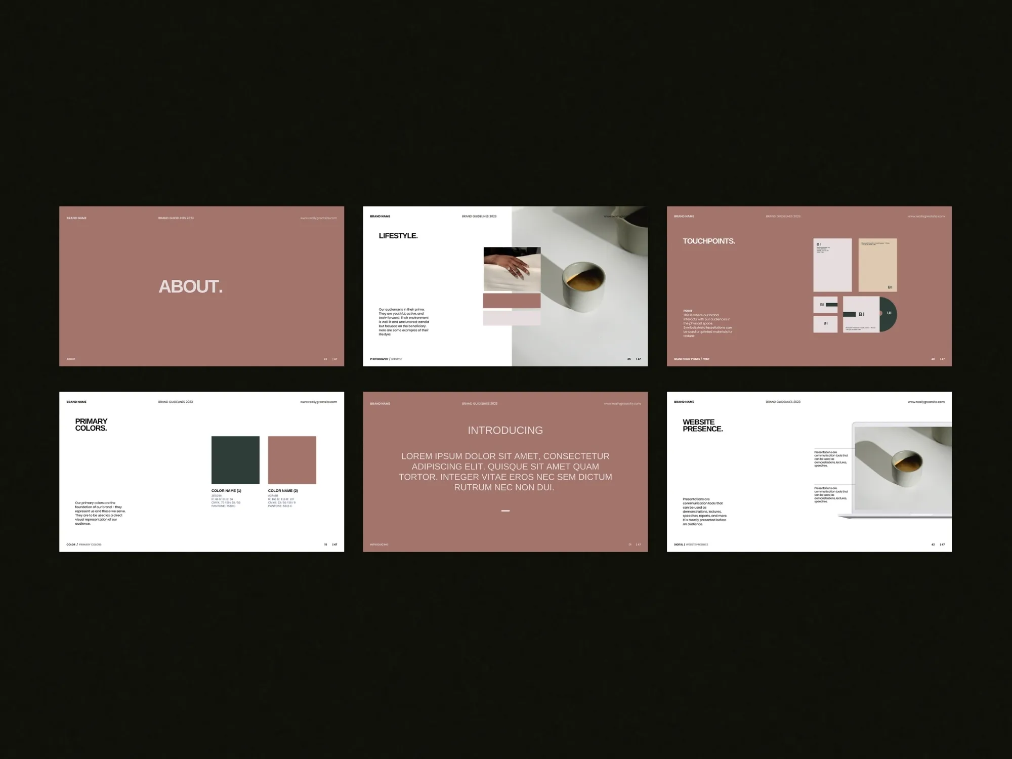 Creative presentation templates in a 1920X1080 PX format to help businesses develop cohesive brand guidelines effectively.