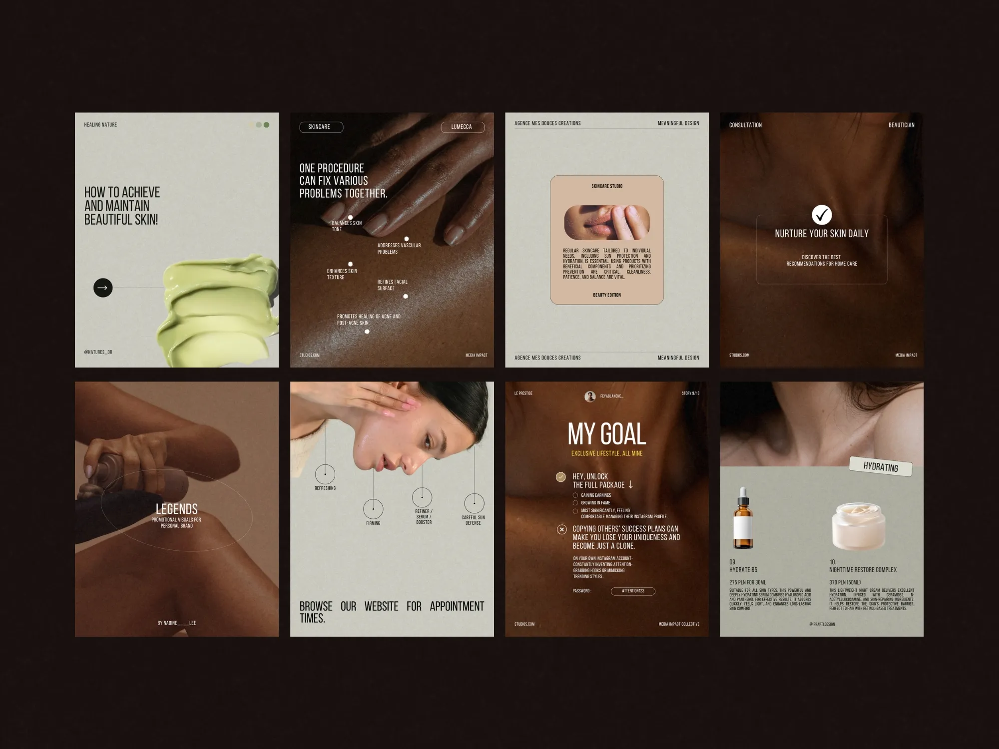 Achieve a cohesive beauty aesthetic on Instagram with these trendy skincare post bundle templates, designed for easy editing in Canva at 1080x1350 PX.