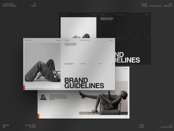 Home 33 KOVE Brand Guidelines Template featuring a 58-page Canva Brand Kit and professional Brand Book for designers, agencies, and businesses.
