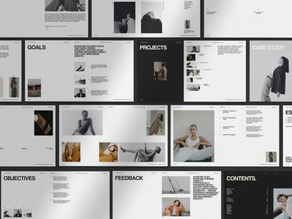 Home 24 KOVE Brand Proposal Template showcasing multiple presentation layouts for brand objectives, projects, concepts, feedback, and visual content.
