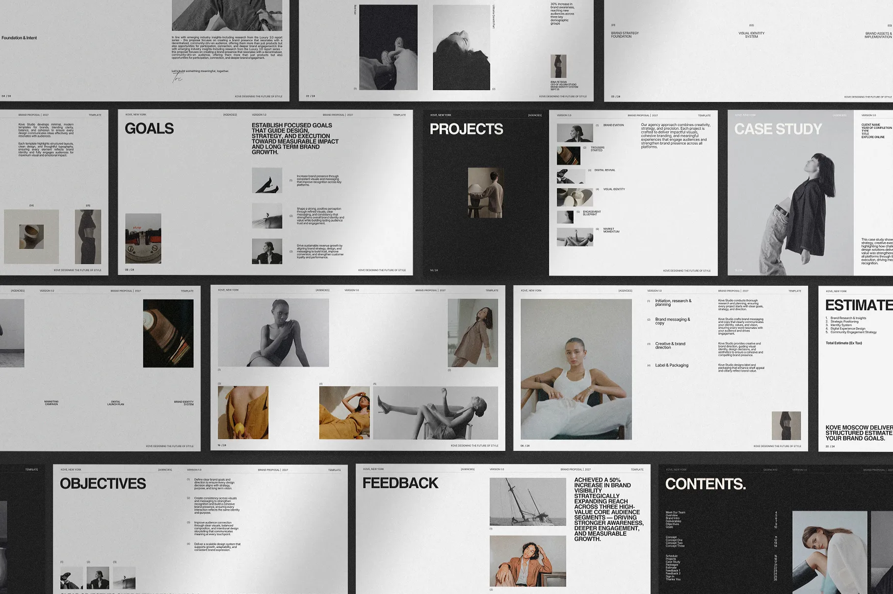 KOVE Brand Proposal Template showcasing multiple presentation layouts for brand objectives, projects, concepts, feedback, and visual content.