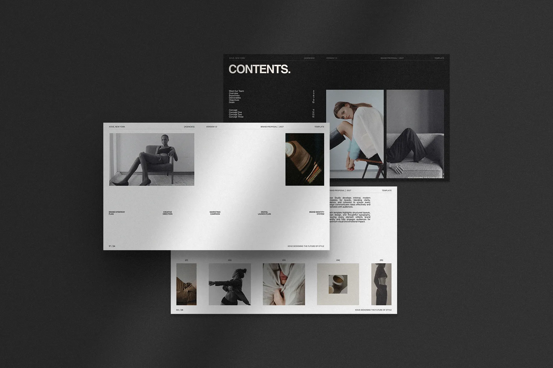 KOVE Brand Proposal Template displayed in a modern presentation mockup featuring brand proposal pages, photography, typography, and clean layouts.