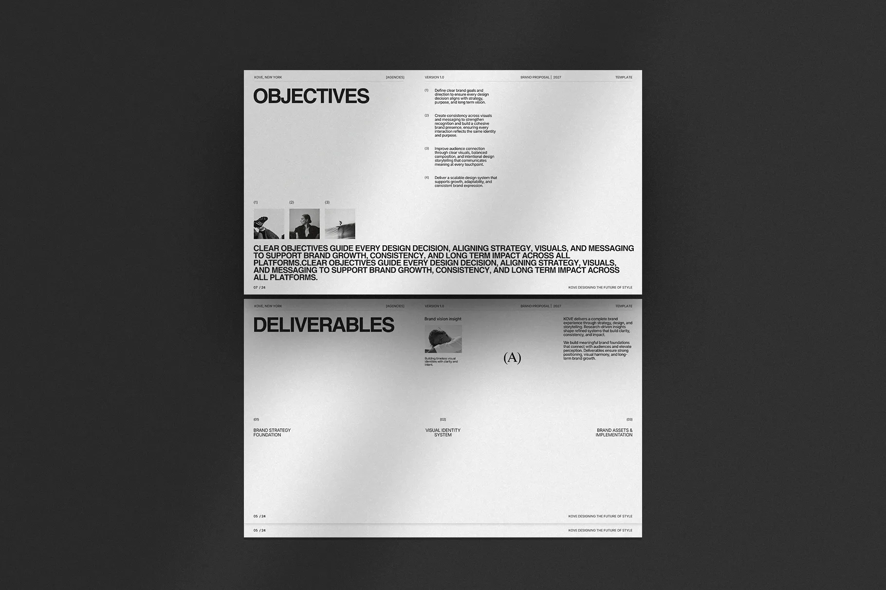 KOVE Brand Proposal Template featuring professional presentation pages for project objectives and deliverables with modern typography and structured layouts.
