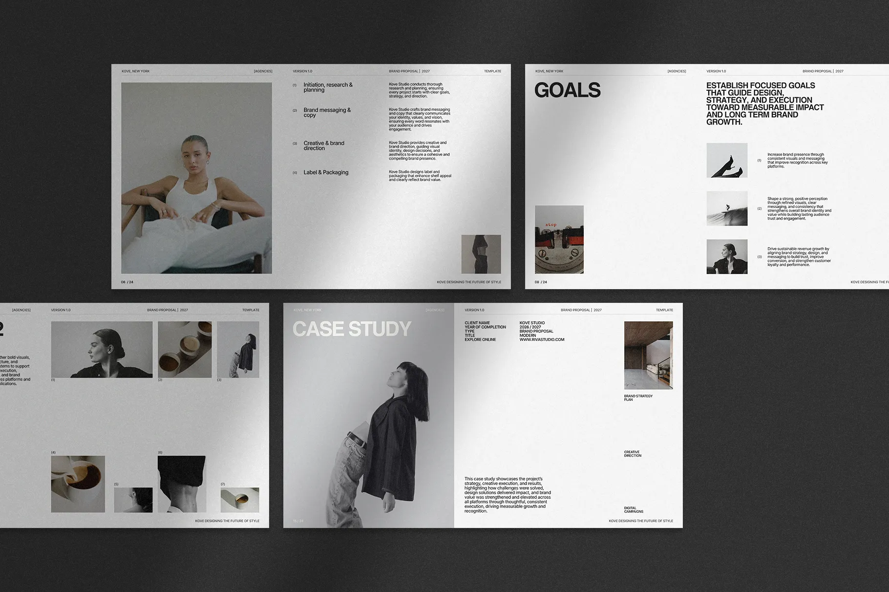 KOVE Brand Proposal Template showcasing goals, brand identity, project content, and visual presentation layouts for professional client proposals.