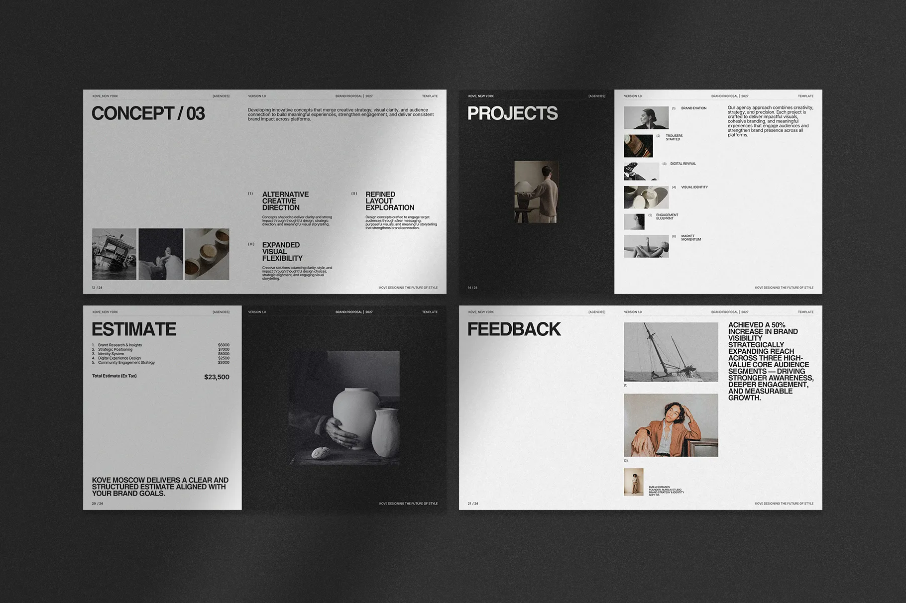 KOVE Brand Proposal Template featuring concept, project, estimate, and feedback presentation pages with modern editorial layouts and photography.