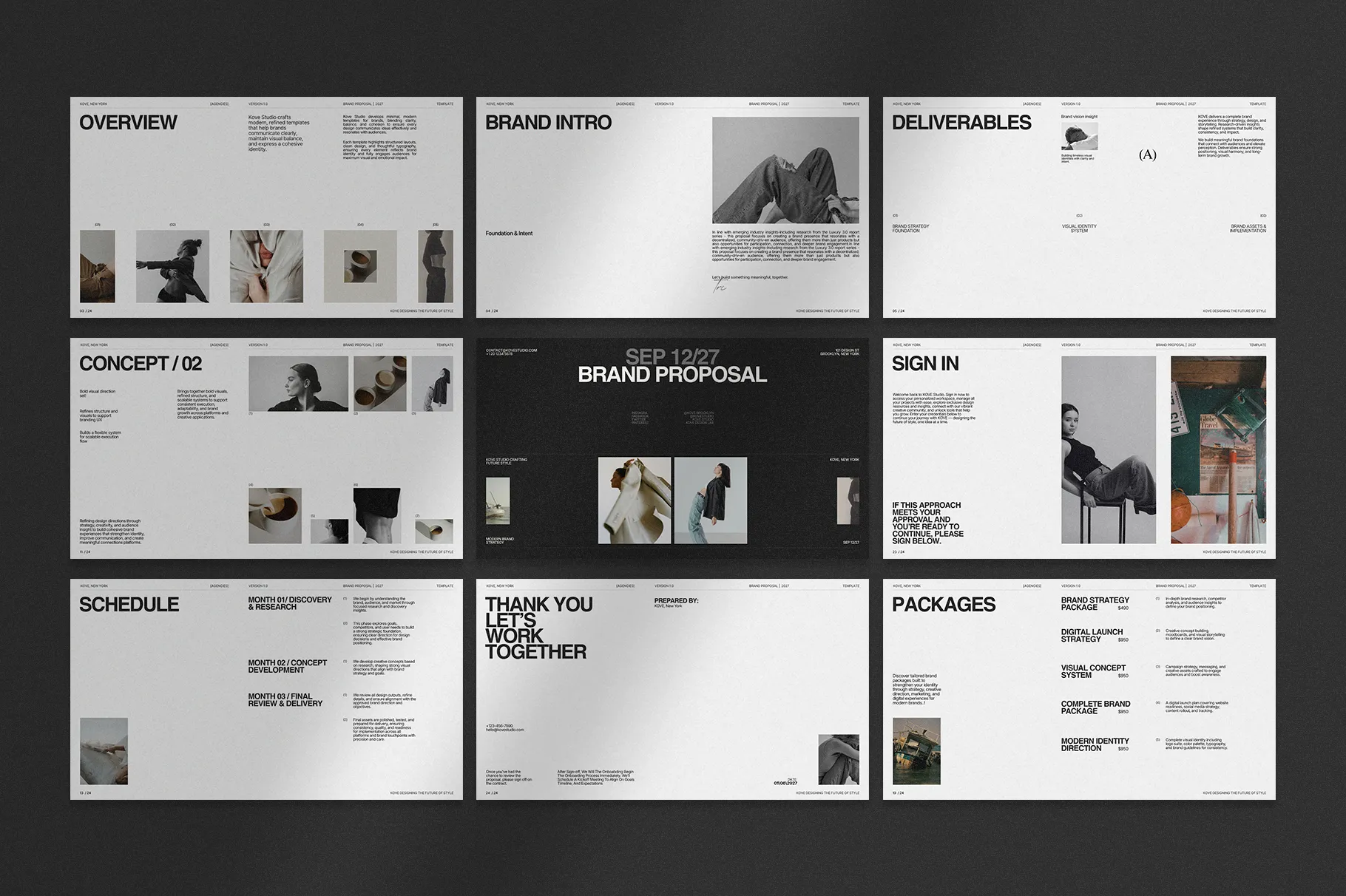 KOVE Brand Proposal Template showing a collection of modern presentation pages for concepts, brand proposals, strategy, deliverables, and project content.