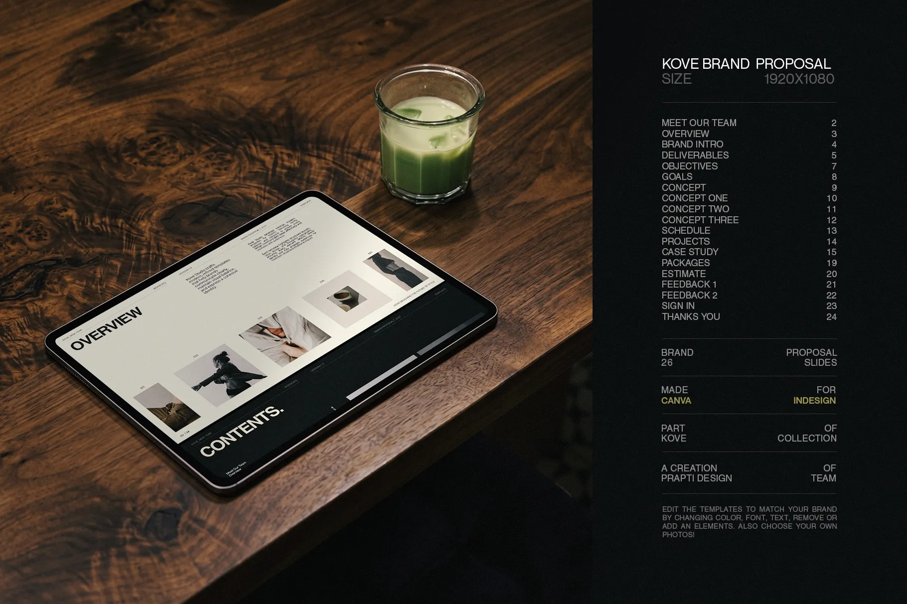 KOVE Brand Proposal Template presented on a tablet with a professional brand proposal layout, modern typography, imagery, and dark editorial styling.