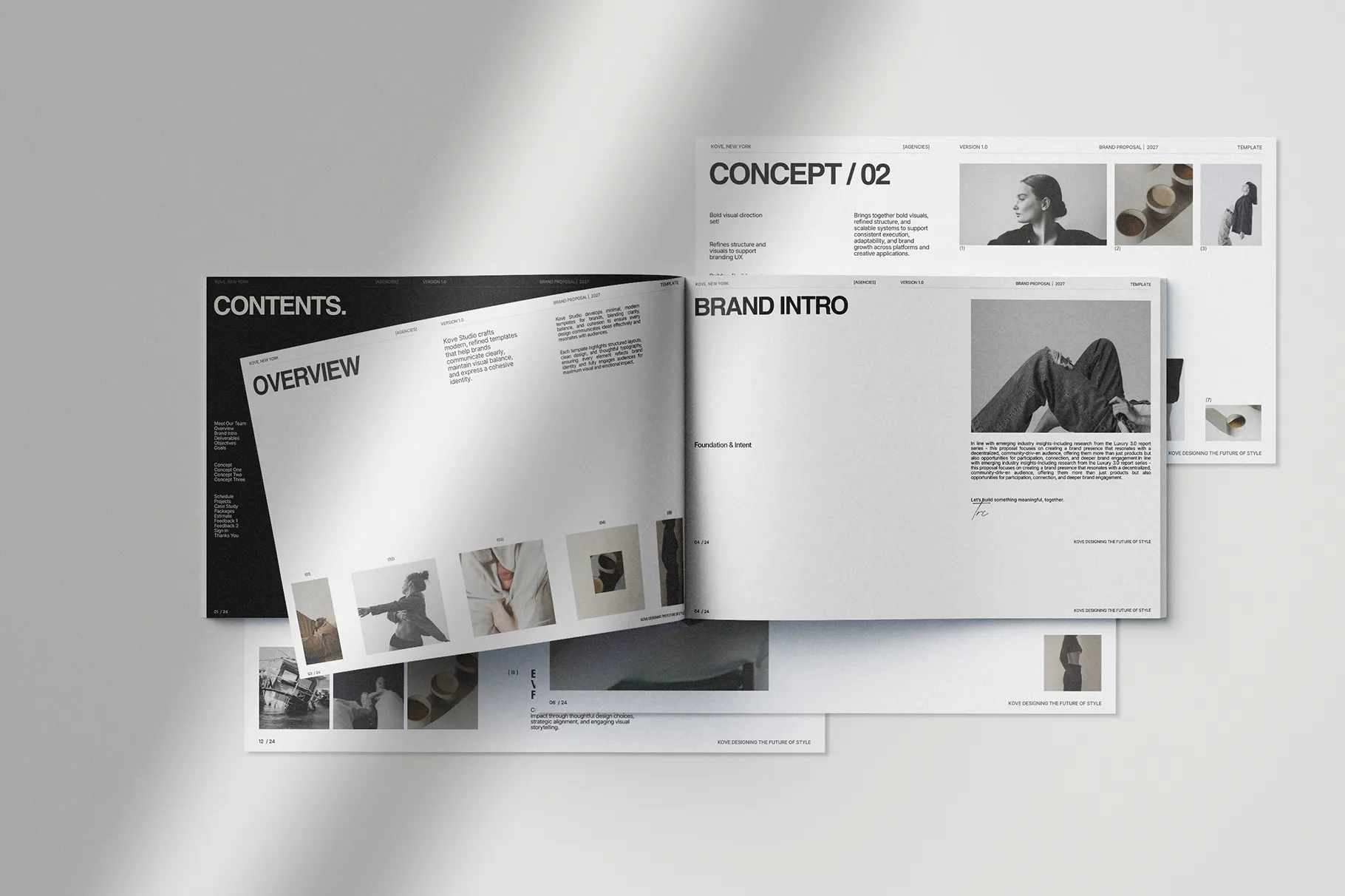 KOVE Brand Proposal Template featuring creative concept and branding presentation layouts with clean typography, imagery, and a professional editorial style.