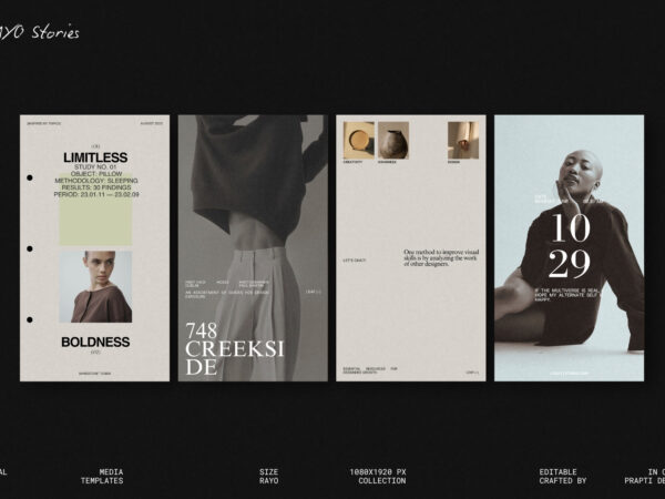 RAYO Instagram Stories Kit featuring modern editorial layouts, typography, photography, and stylish social media designs.