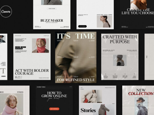 Home 19 ZUNO Instagram Posts Kit featuring modern Instagram post layouts with editorial typography, fashion imagery, promotional content, and clean design.