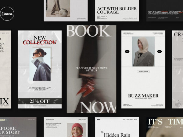 Home 17 ZUNO Instagram Stories Kit featuring modern Instagram Story layouts with editorial typography, fashion imagery, promotional content, and clean design.