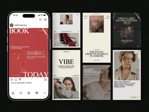 Home 15 ZUNO Instagram Posts & Stories Kit featuring modern Instagram layouts with editorial typography, fashion imagery, promotional content, and stylish branding.
