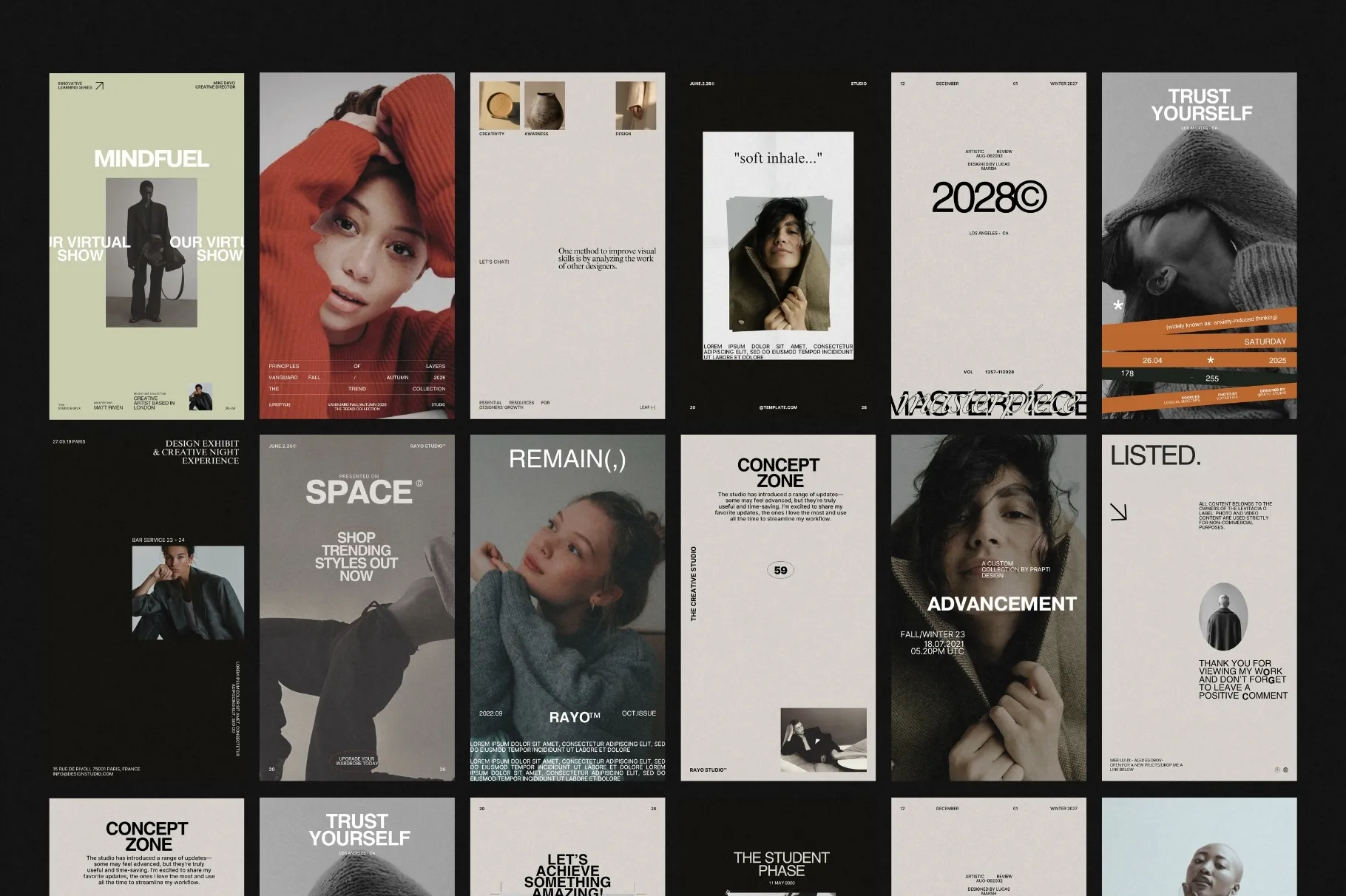 RAYO Instagram Stories Kit showing a collection of modern and editable Canva Instagram Story templates.