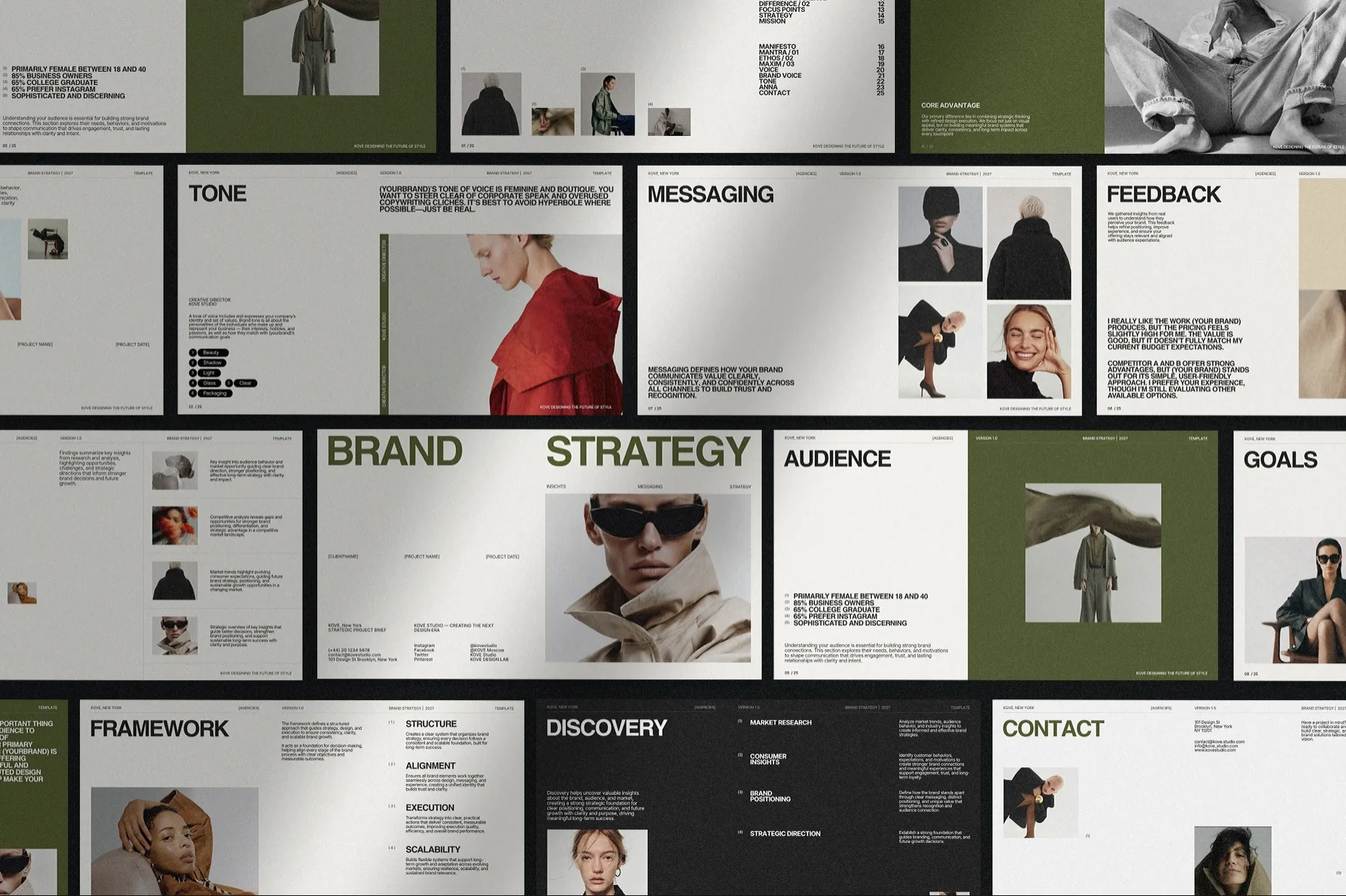 KOVE Brand Strategy Template showing a collection of modern editable Canva and InDesign presentation pages.