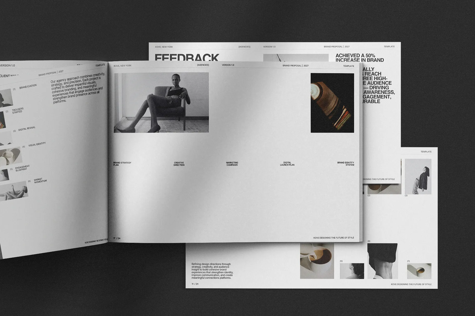 KOVE Brand Proposal Template showcasing feedback, concept, and project presentation pages with modern layouts, typography, and professional branding visuals.