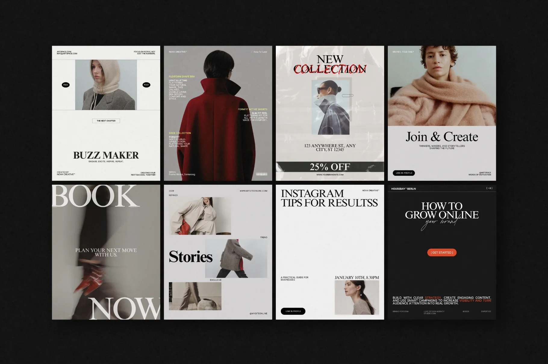 ZUNO Instagram Posts Kit featuring a diverse collection of modern Instagram post templates for promotions, products, services, announcements, and branding.
