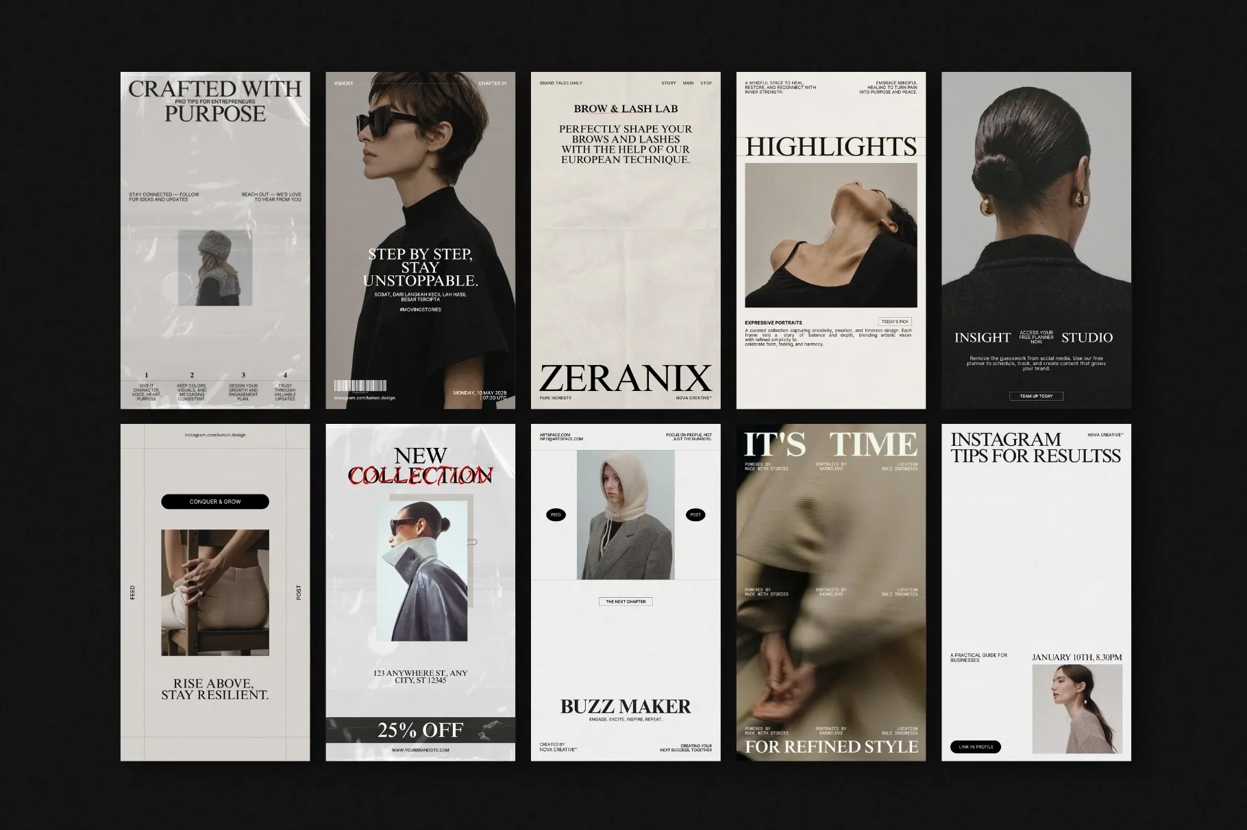 ZUNO Instagram Stories Kit featuring a diverse collection of modern Story templates for promotions, products, services, announcements, and branding.
