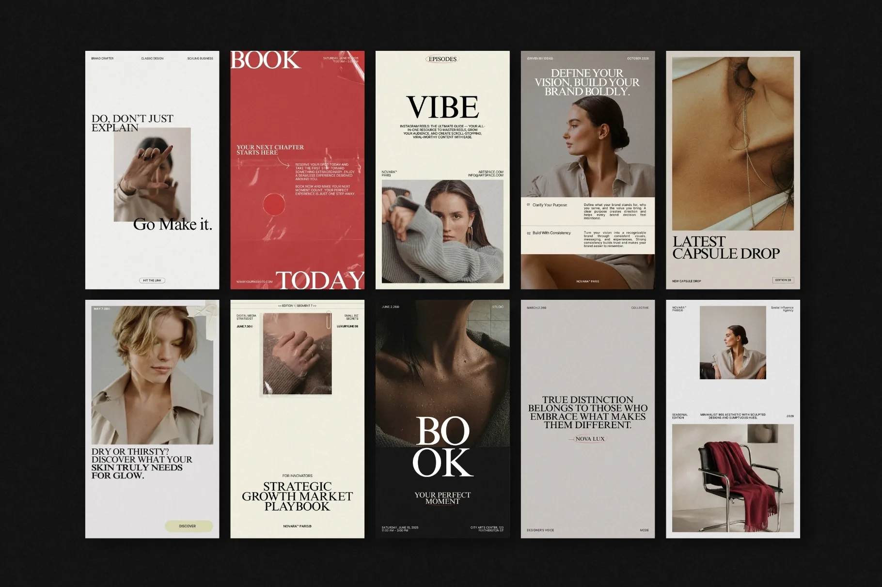 ZUNO Instagram Stories Kit featuring a diverse collection of modern Instagram Story templates for promotions, products, announcements, and brand content.