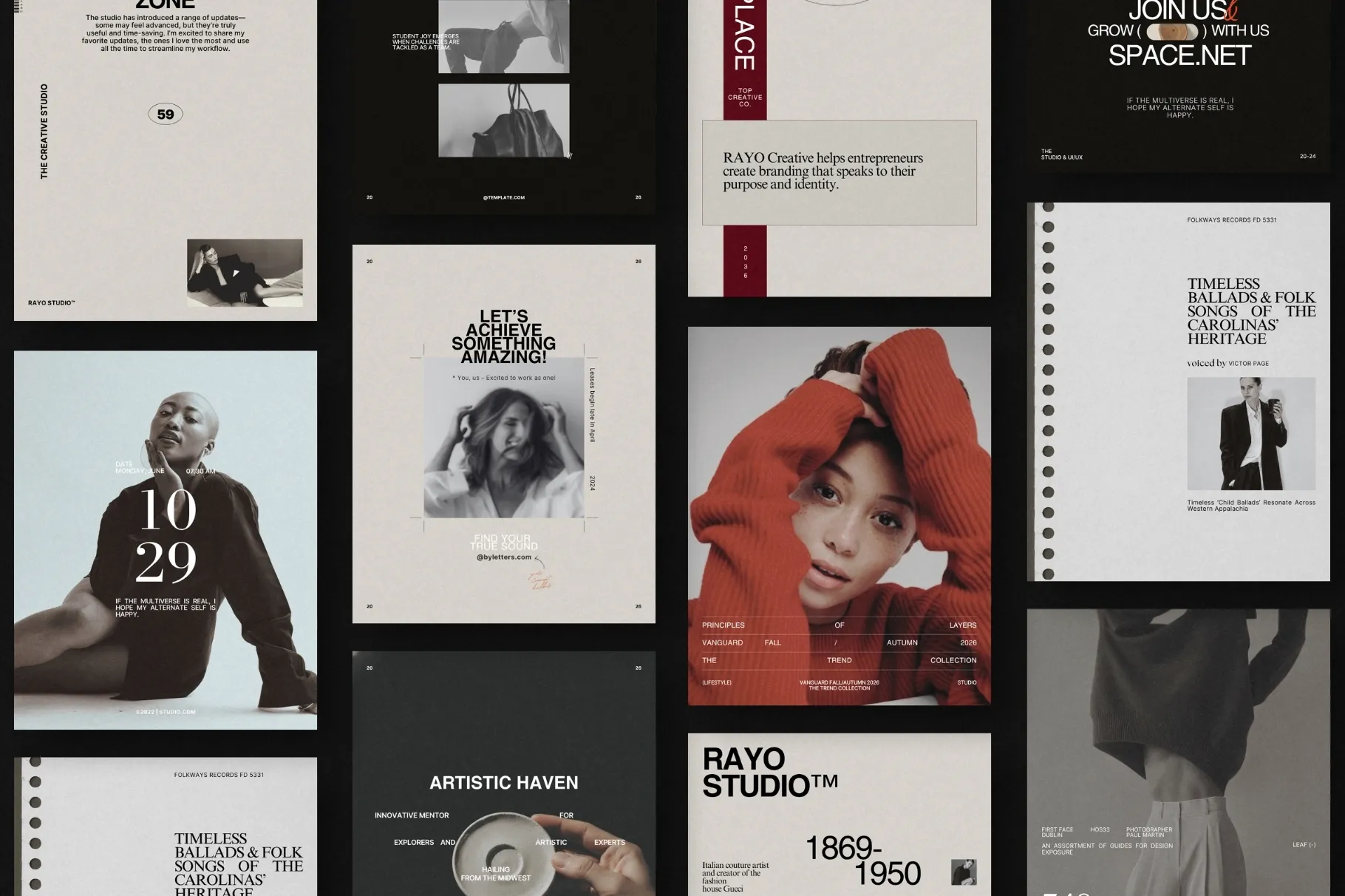 RAYO Instagram post templates featuring stylish layouts, photography, typography, and modern editorial designs.