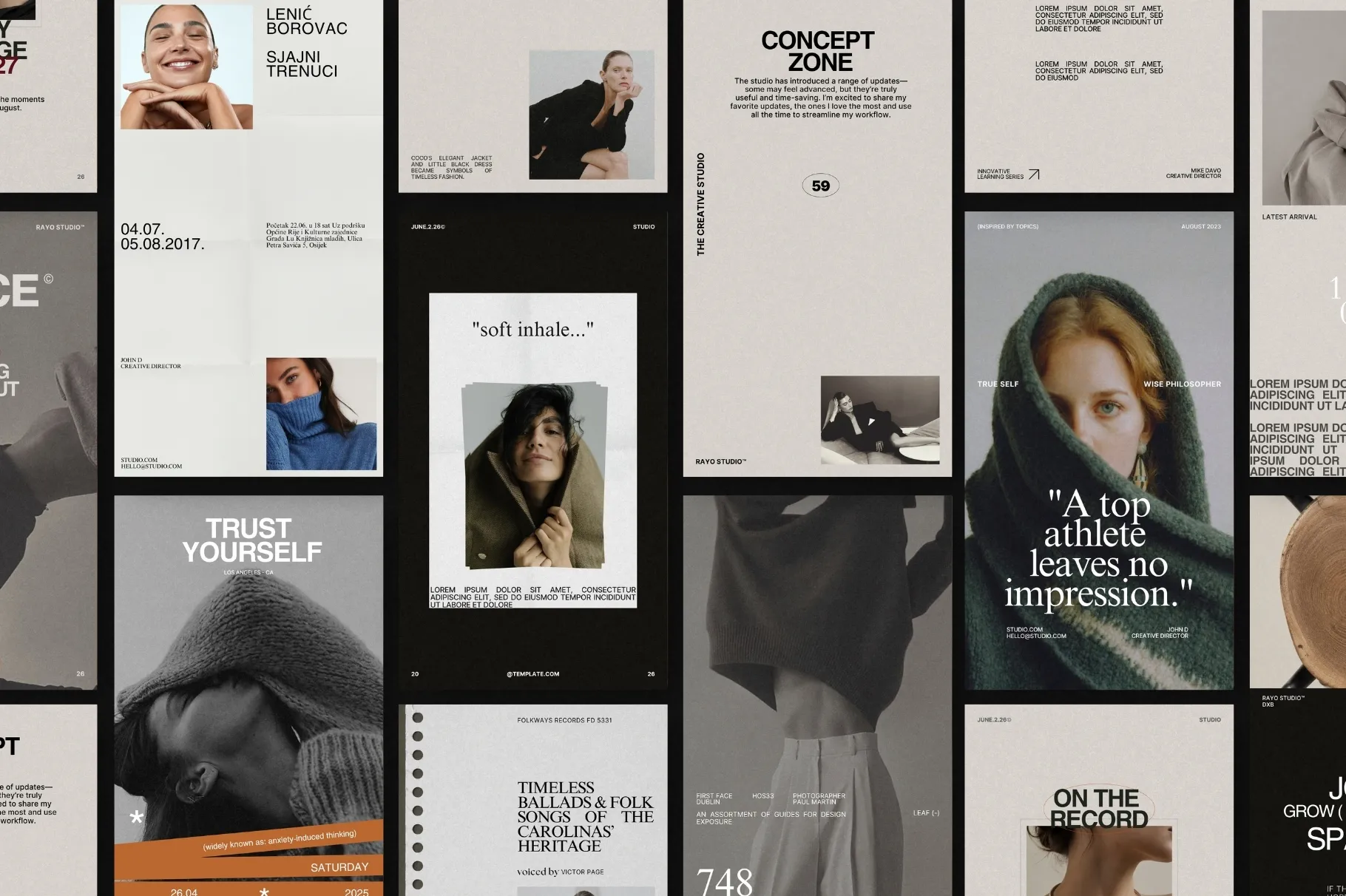 RAYO Instagram Story templates featuring modern layouts, editorial typography, photography, and promotional content.
