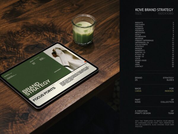 Home 36 KOVE Brand Strategy presentation displayed on a tablet with a modern dark and green editorial design.