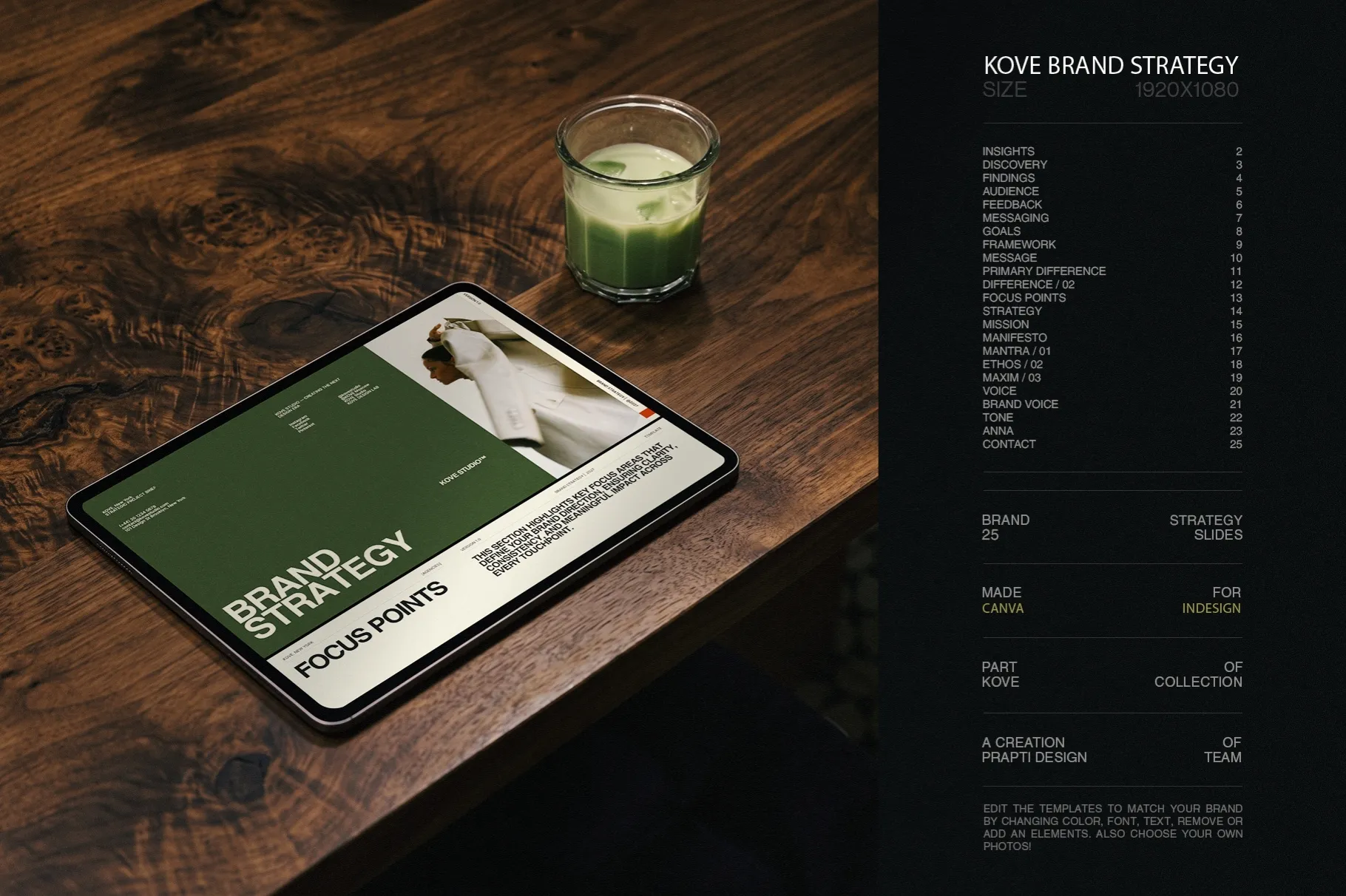 KOVE Brand Strategy presentation displayed on a tablet with a modern dark and green editorial design.