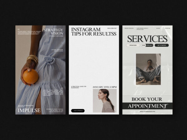 Home 22 ZUNO Instagram Posts & Stories Kit showcasing modern social media layouts for Instagram promotions, services, appointments, and product content.