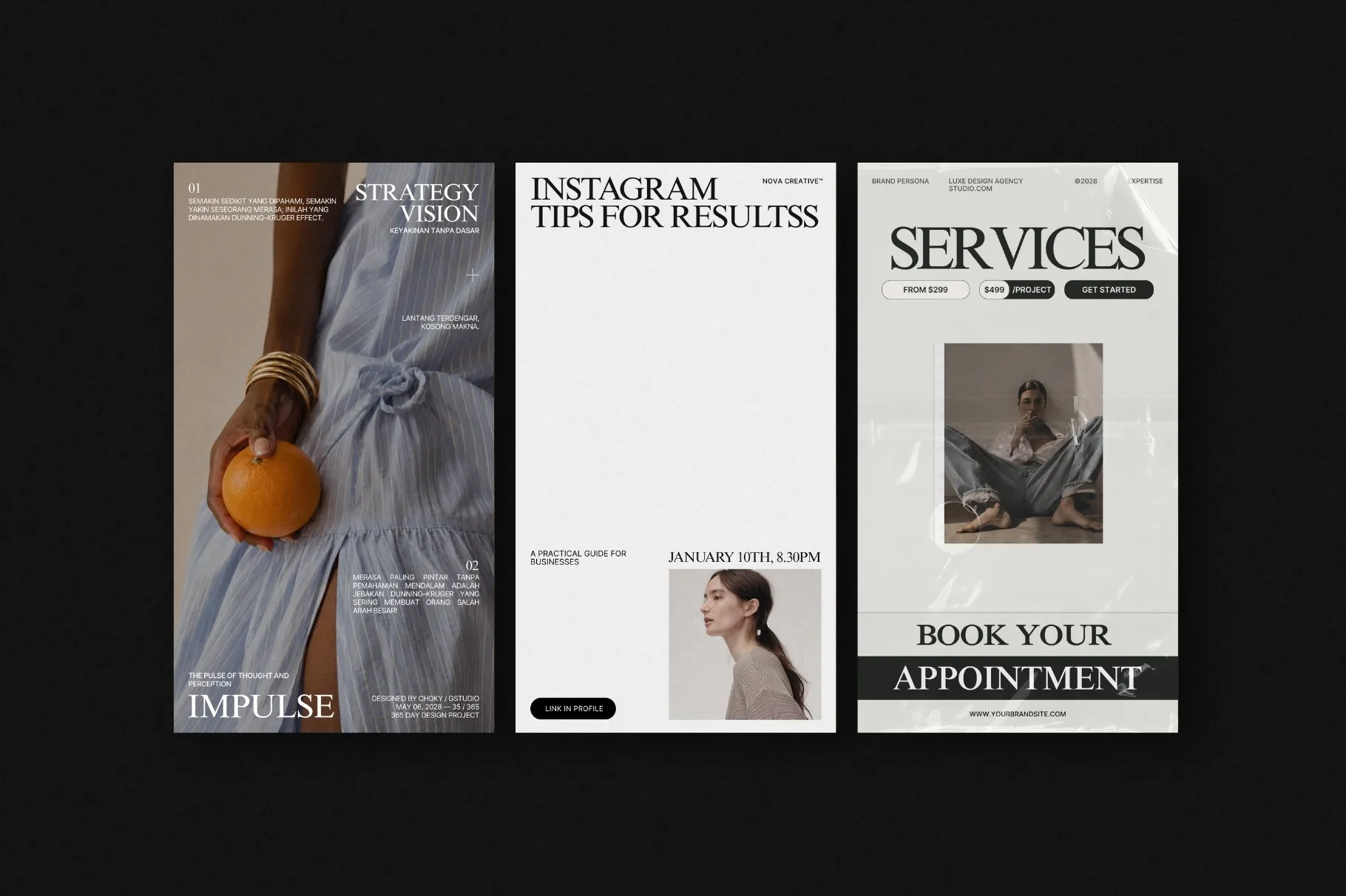 ZUNO Instagram Posts & Stories Kit showcasing modern social media layouts for Instagram promotions, services, appointments, and product content.