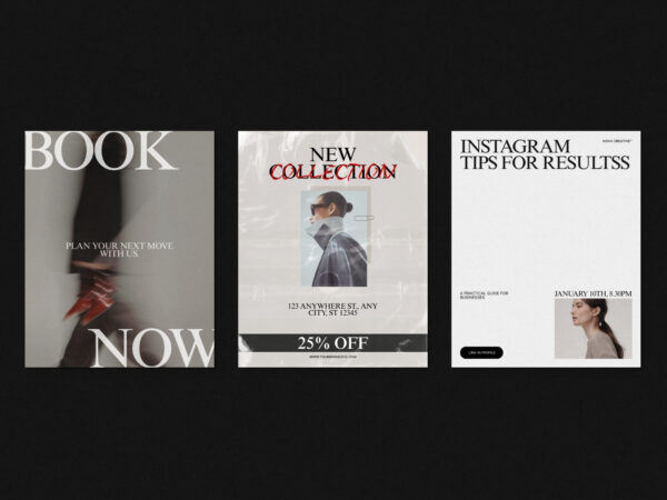Home 20 ZUNO Instagram Posts Kit showcasing stylish Instagram post templates for book promotions, new collections, and business content.