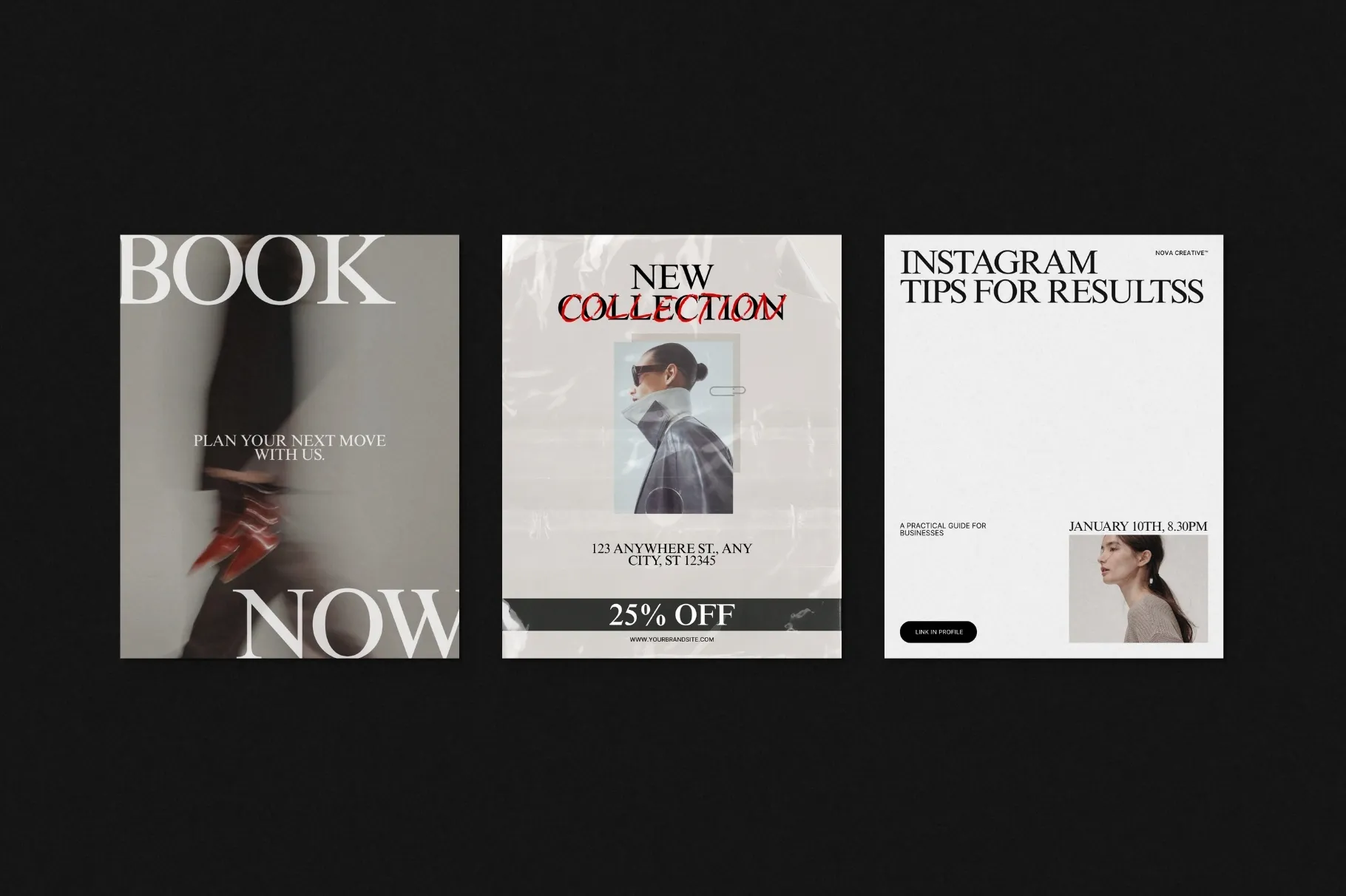 ZUNO Instagram Posts Kit showcasing stylish Instagram post templates for book promotions, new collections, and business content.