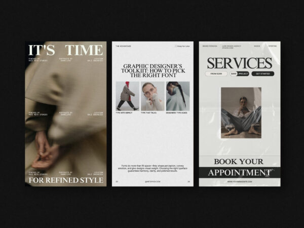 Home 18 ZUNO Instagram Stories Kit showcasing stylish Story templates for promotions, services, appointments, and branded Instagram content.