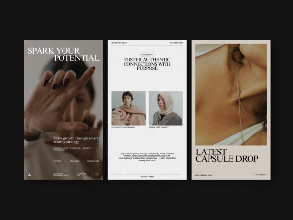 Home 16 ZUNO Instagram Posts & Stories Kit showcasing modern layouts for promotions, product content, fashion, announcements, and branded social media posts.