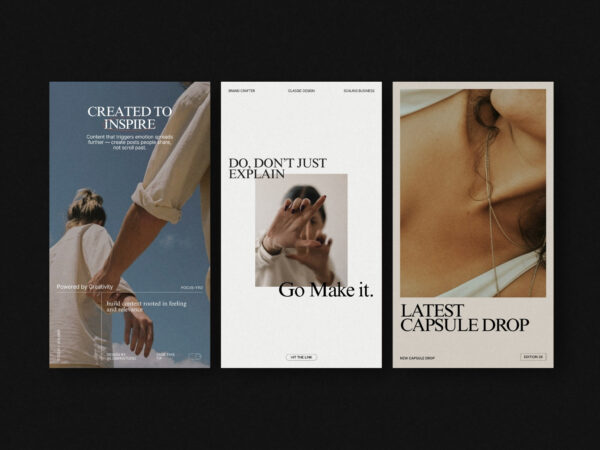 Home 12 ZUNO Instagram Stories Kit showcasing modern Story templates for product promotions, fashion content, announcements, and branded Instagram communication.