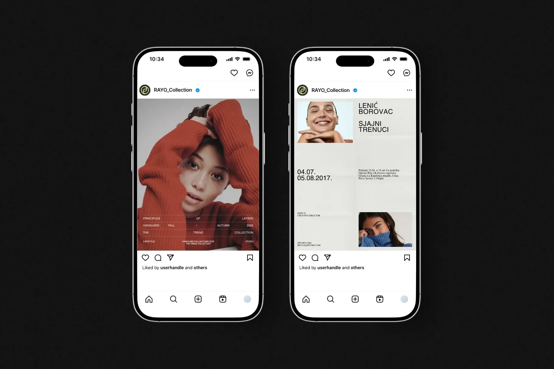 RAYO Instagram post templates displayed on smartphone mockups with modern social media designs.