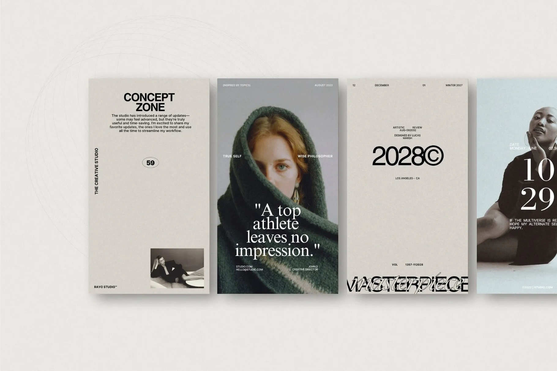 RAYO Instagram Story templates featuring clean layouts, muted colors, photography, and modern editorial designs.