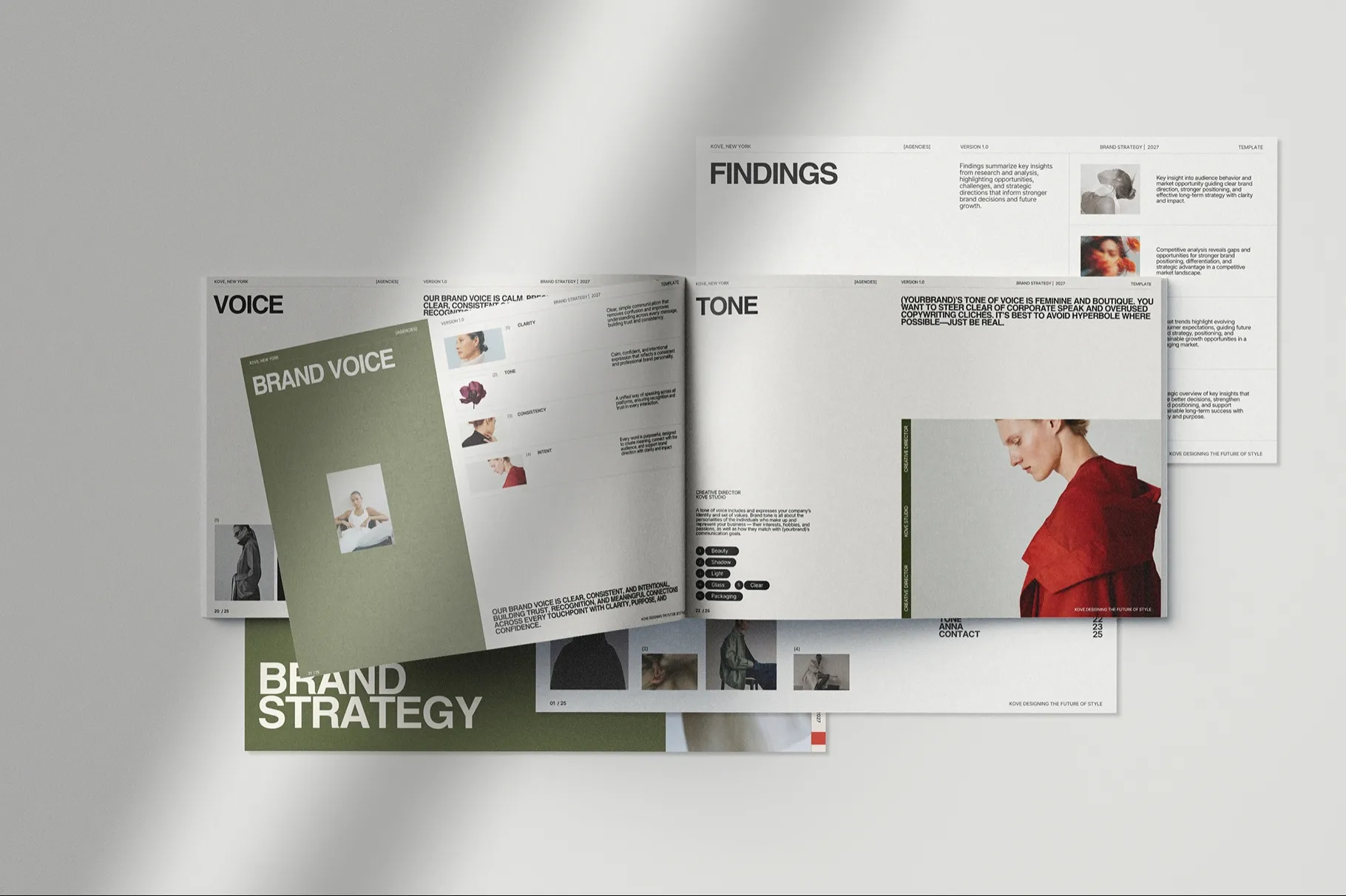 KOVE Brand Strategy Template featuring professional presentation pages with structured layouts, typography, and brand imagery.