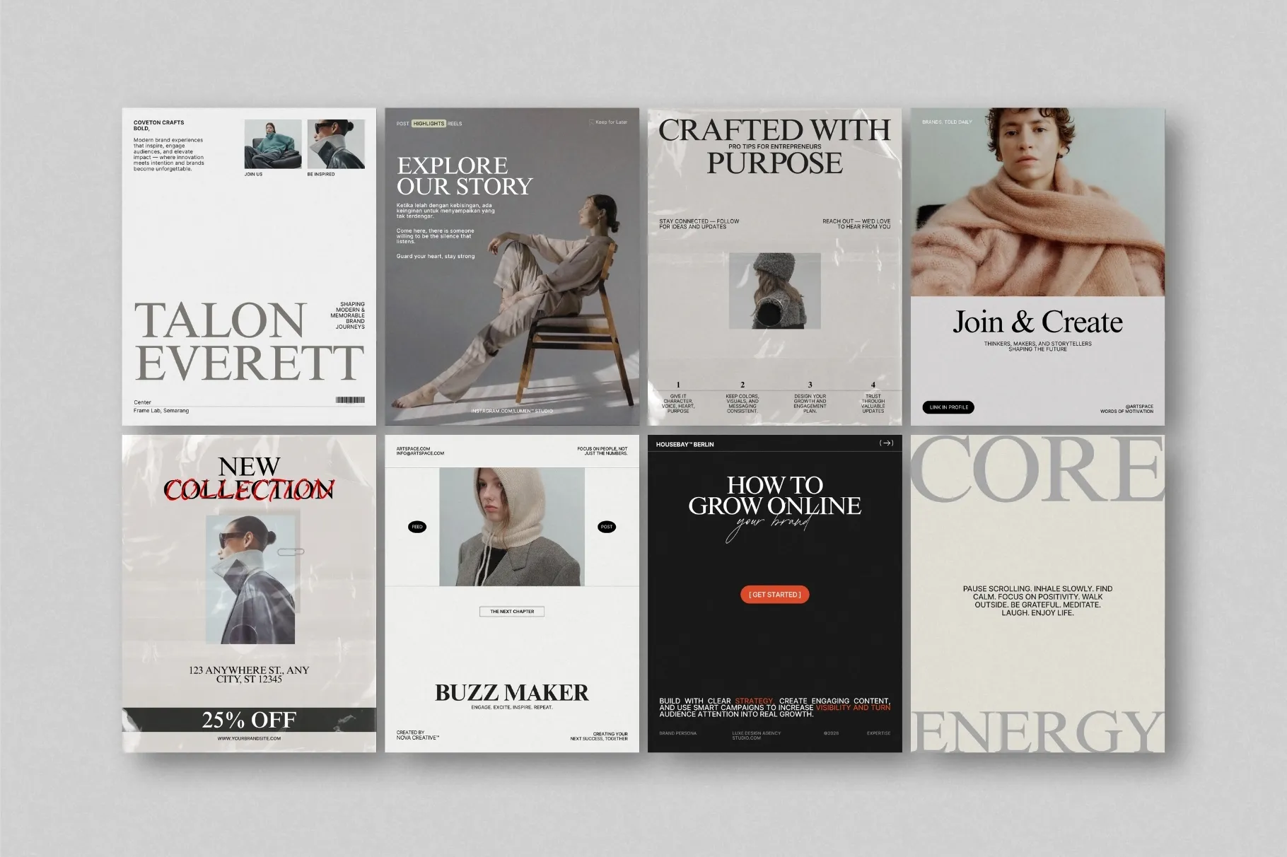 ZUNO Instagram Posts & Stories Kit featuring stylish layouts for product promotions, new collections, services, offers, and branded content.