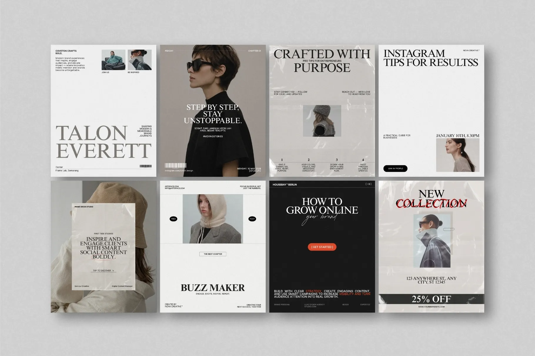 ZUNO Instagram Posts Kit featuring multiple modern layouts for product promotions, collections, services, and branded Instagram content.