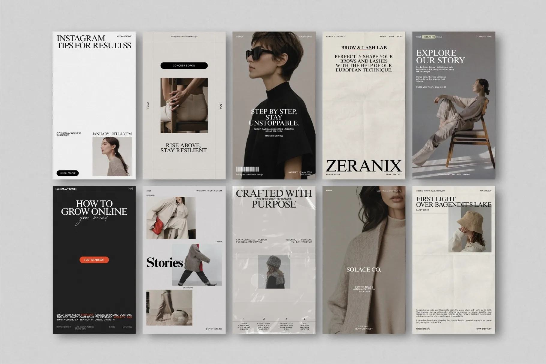 ZUNO Instagram Stories Kit featuring multiple modern Story layouts for product promotions, collections, services, and branded content.