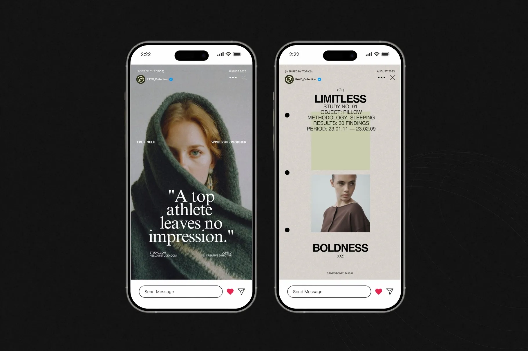 RAYO Instagram Story templates displayed on smartphone mockups with modern and minimal social media designs.