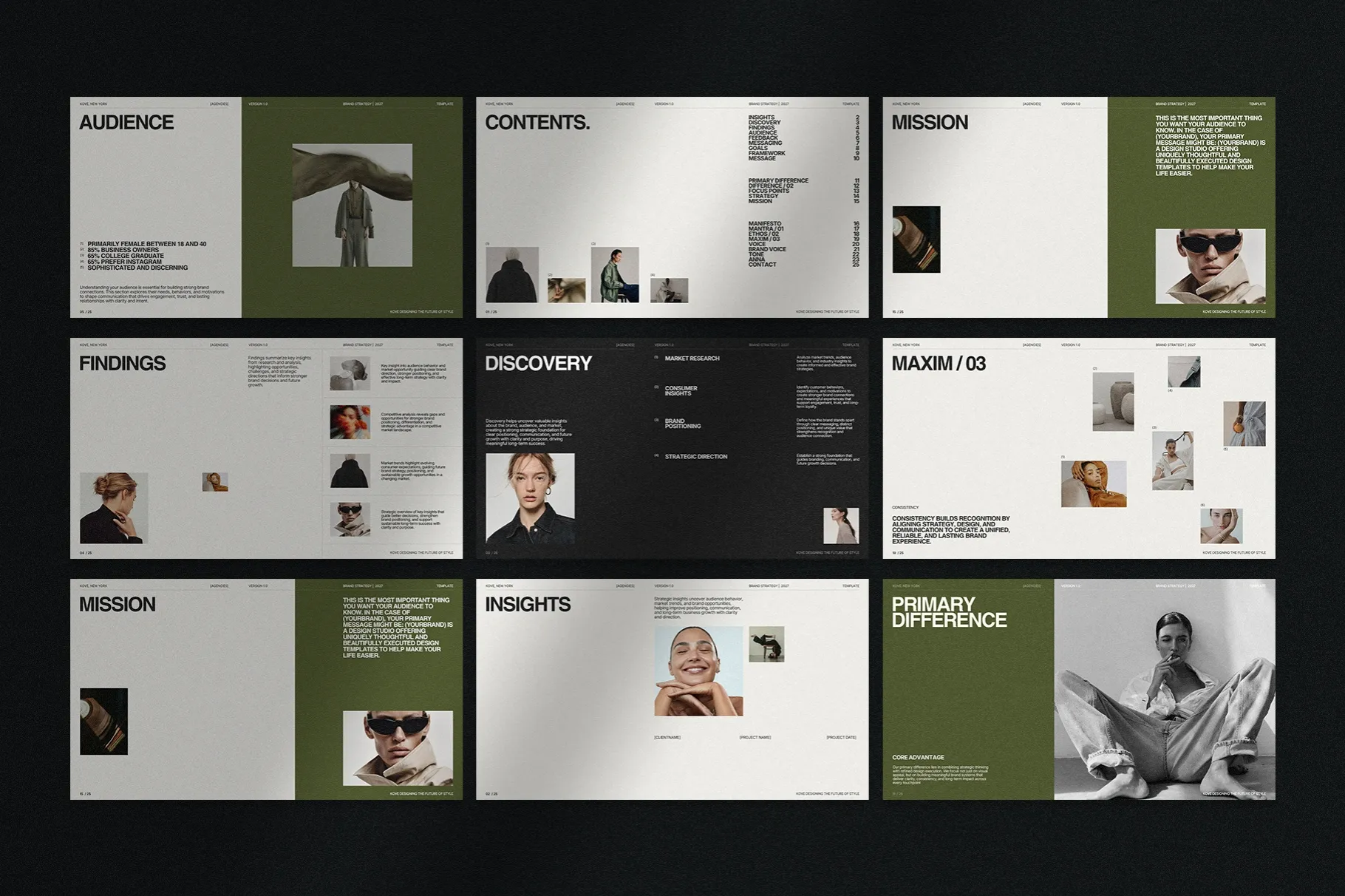 KOVE Brand Strategy presentation showing multiple modern layouts for audience, positioning, findings, and brand content.