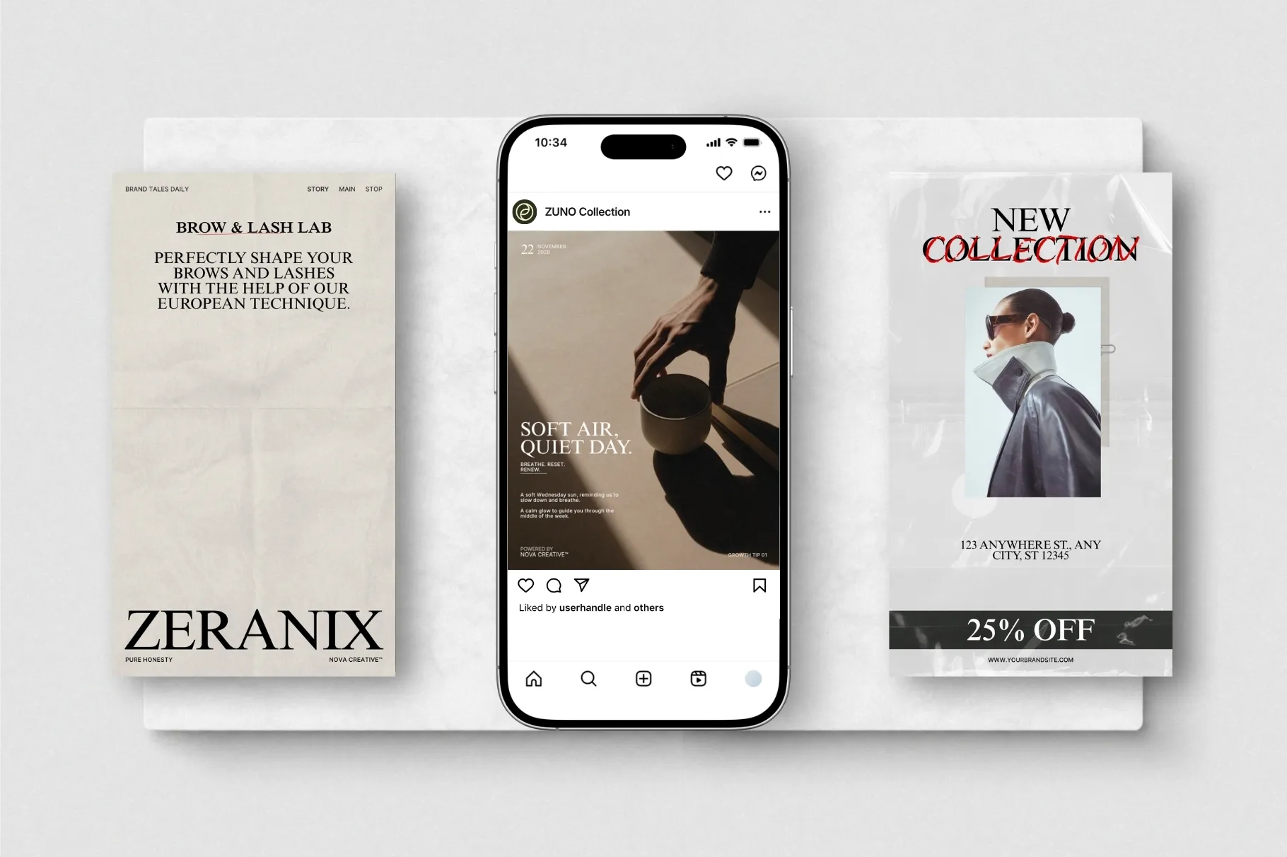 ZUNO Instagram Posts & Stories Kit displaying editable Instagram Story designs with promotional content, product imagery, and modern typography.